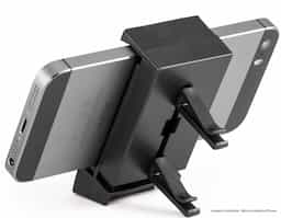 Suporte regulável para celular. Elaborado em plástico resistente.