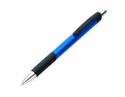 Caneta esferográfica plástica com escrita na cor azul. Acionamento por clic.