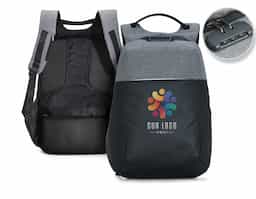Mochila anti-furto para notebook com cadeado de segredo. Material poliéster com detalhes em nylon. 45,5x33,5x19