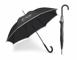 Guarda-chuva em poliéster 190T com faixa refletora. Pega revestida a borracha e abertura automática.
