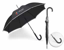 Guarda-chuva em poliéster 190T com faixa refletora. Pega revestida a borracha e abertura automática.
