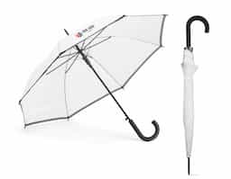 Guarda-chuva em poliéster 190T com faixa refletora. Pega revestida a borracha e abertura automática.