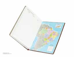 Agenda diária 2025 de couro sintético. Contém fita de cetim marca página, dados pessoais, calendário de 2024 à 2026, mapa do Brasil, mapa-múndi, índice telefônico e planejamento.