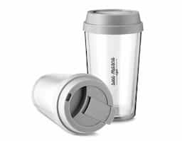 Copo plástico parede dupla com tampa. Capacidade 400ml.