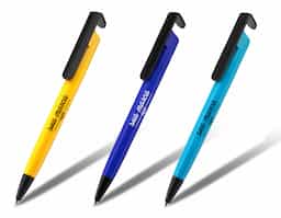 Caneta plástica com suporte para celular, retrátil, esferográfica com escrita azul.