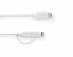 Cabo USB 3 em 1. Adequado para carregar dispositivos móveis. Dispõe de um conector micro USB e adaptadores Lightning® (com certificação MFI) e USB tipo C. Fornecido em bolsa de EVA. Cabo: 1020 mm 