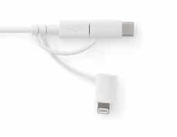Cabo USB 3 em 1. Adequado para carregar dispositivos móveis. Dispõe de um conector micro USB e adaptadores Lightning® (com certificação MFI) e USB tipo C. Fornecido em bolsa de EVA. Cabo: 1020 mm 