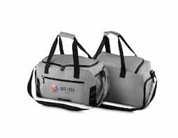 Mala esportiva poliester, bolso com zíper frontal, bolso lateral com zíper, alça de mão,