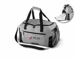 Mala esportiva poliester, bolso com zíper frontal, bolso lateral com zíper, alça de mão,
