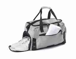 Mala esportiva poliester, bolso com zíper frontal, bolso lateral com zíper, alça de mão,