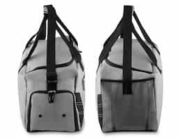 Mala esportiva poliester, bolso com zíper frontal, bolso lateral com zíper, alça de mão,