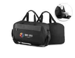 Mala esportiva em polyester, compartimento interno isolado para materiais molhados com abertura lateral, alça de ombro, alça de mão dupla, bolso externo com ziper