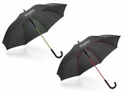 guarda-chuva pongee 190T. varetas em fibra de vidro e pega revestida a borracha. á prova de vento. abertura automática