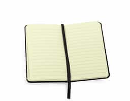 Caderneta brochura tipo moleskine com capa dura e marca página de cetim, contém aproximadamente 80 folhas amareladas com pauta.