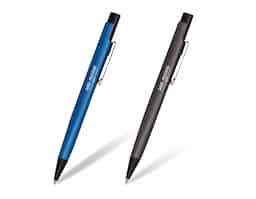 Caneta triangular semimetal de pintura fosca com detalhes em preto. Possui clip metal com detalhe aberto na lateral. Aciona por clique