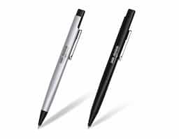 Caneta triangular semimetal de pintura fosca com detalhes em preto. Possui clip metal com detalhe aberto na lateral. Aciona por clique