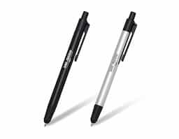 Caneta touch metal inteira colorida com detalhes preto. Clip plástico, possui touch e caneta esferográfica. Aciona por clique, esferográfica sai por dentro do touch