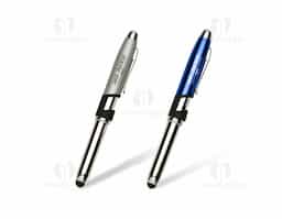 Mini caneta semimetal colorida com touch com suporte para celular, possui detalhes em prata e preto. Clip metal prata com um suporte preto para encaixe de celular
