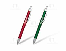 Caneta plástica de pintura metalizada colorida e acessórios prata. Clip metálico de acionador e ponteira prata. Aciona por clique.