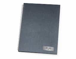 Caderno de negócios grande com pintura metalizada e wire-o prata. Miolo permanente e folhas para preenchimento de dados pessoais, comerciais e contatos 100 folhas brancas com pauta