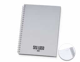 Caderno de negócios pequeno com pintura metalizada e wire-o prata. Miolo permanente e folhas para preenchimento de dados pessoais e comerciais.100 folhas pautadas