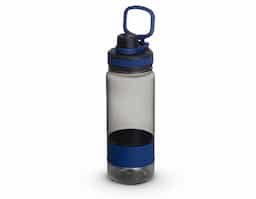 Squeeze 700ml de plástico com alça. Tampa do squeeze e tampa de bico rosqueáveis, possui borracha inferior e detalhe emborrachado com relevo na tampa.