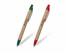 Caneta ecológica de papelão com detalhes coloridos, o clip pode facilmente ser retirado para personalização no corpo da caneta. Clip e ponteira plástica, aciona por clique.