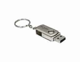 Mini pen drive giratório 4GB de metal, carcaça fosca e acompanha chaveiro.