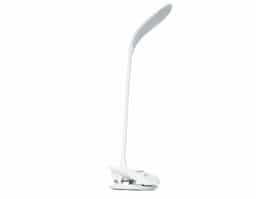 Luminária plástica articulável com 16 leds e funcionamento touch, contém base com clipe que pode ser fixado em mesas e borracha antideslizante para maior estabilidade