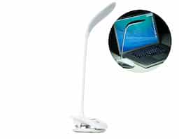 Luminária plástica articulável com 16 leds e funcionamento touch, contém base com clipe que pode ser fixado em mesas e borracha antideslizante para maior estabilidade
