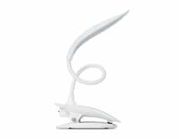 Luminária plástica articulável com 16 leds e funcionamento touch, contém base com clipe que pode ser fixado em mesas e borracha antideslizante para maior estabilidade