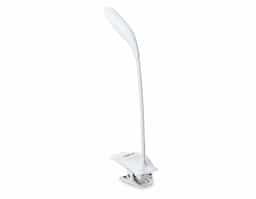 Luminária plástica articulável com 16 leds e funcionamento touch, contém base com clipe que pode ser fixado em mesas e borracha antideslizante para maior estabilidade