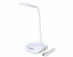 Luminária plástica articulável circular com 16 leds e funcionamento touch, contém borracha antideslizante na base para maior estabilidade.