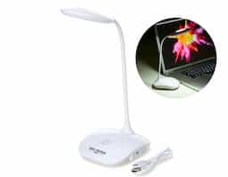 Luminária plástica articulável circular com 16 leds e funcionamento touch, contém borracha antideslizante na base para maior estabilidade.
