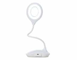 Luminária plástica articulável circular com 16 leds e funcionamento touch, contém borracha antideslizante na base para maior estabilidade.