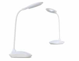 Luminária plástica articulável circular com 16 leds e funcionamento touch, contém borracha antideslizante na base para maior estabilidade.
