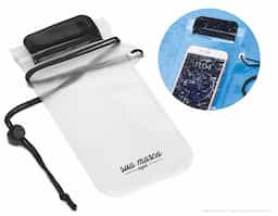 Bolsa para celular  PVC impermeável (não aconselhável imersão). fita ajustável. parte frontal transparente e traseira branco fosco. permite utilização touch fecho hermético com velcro.
