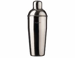 Coqueteleira Inox com capacidade de 750ml, contém tampa de pressão com peneira e tampa protetora