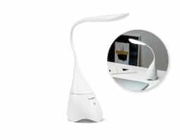 Luminária de mesa com caixa de som em ABS. Com 18 LEDs de alto brilho, botão tátil e braço flexível. Transmissão sem fios BT v4.2 e ligação stereo 3,5 mm com 5W/4O. Autonomia aproximada de 6 horas e conexão à playlist do dispositivo móvel. Incluso cabo USB para carregar