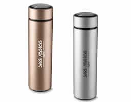 Garrafa em aço inox com parede dupla de 450 ml, conserva a temperatura quente ou fria