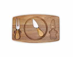 kit queijo 3 peças, contém: tábua de madeira com canaleta, faca com ponta, e garfo. Tábua com imã para encaixe e fixação dos utensílios.