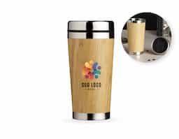 Copo Bambu de 500ml, parte interna em inox. Possui tampa com compartimento que pode ser aberto para beber.