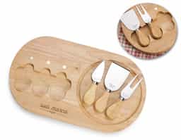 Kit queijo 4 peças, contém: tábua de bambu com canaleta, faca com ponta, garfo e espátula. Tábua com imã para encaixe e fixação dos utensílios.