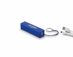 Bateria portátil fabricada em ABS, equipada com célula de lítio com capacidade de 1.200 mAh e vida útil estimada em 500 ciclos. Possui uma porta de saída USB-A para carregamento de dispositivos e acompanha cabo USB para recarga da própria bateria.