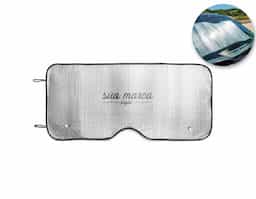 Protetor solar para carro sem PE bubble e forrado com folha de alumínio na frente e verso. Adequado para vidro frontal e incluso 2 fixadores de ventosa