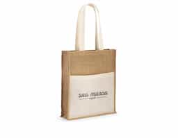 Sacola em juta (240 g/m²) com alças de 65 cm e um bolso frontal 100% algodão  medidas 370 x 410 x 100 mm