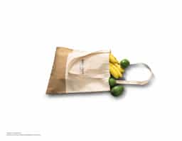 Sacola 100% algodão (160 g/m²) com detalhe em imitação de juta e alças de 65 cm