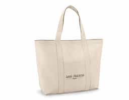 Sacola 100% algodão canvas (280 g/m²) com bolso frontal e bolso interior com zíper. A sacola contém fecho magnético e alças de 60 cm