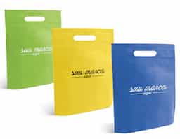 Sacola produzida em material non-woven com gramatura de 80 g/m², unida por processo de termo-selagem. Possui dimensões de 250 x 350 x 80mm, sendo leve e adequada para usos variados.