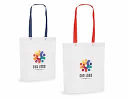 Sacola em non-woven (80 g/m²) termo-selado com alças de 55 cm. 330 x 390 x 80 mm